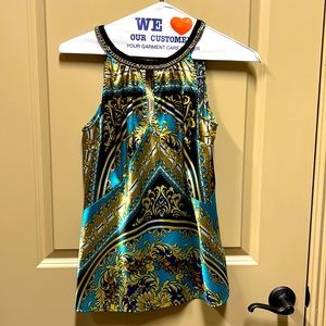 Cache jewel tone dress top with chain link neck accessory size medium